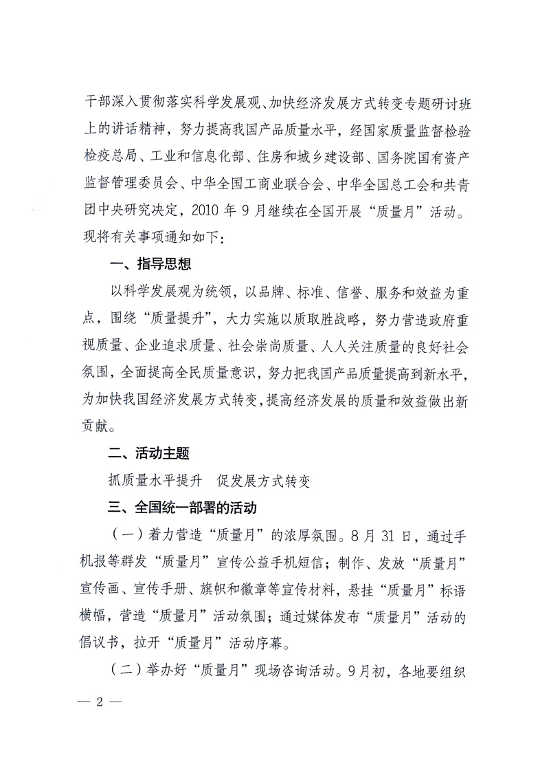 國家質(zhì)量監(jiān)督檢驗(yàn)檢疫總局、工業(yè)和信息化部、住房和城鄉(xiāng)建設(shè)部、國務(wù)院國有資產(chǎn)監(jiān)督管理委員會、中華全國工商業(yè)聯(lián)合會、中華全國總工會、共青團(tuán)中央《關(guān)于開展2010年全國“質(zhì)量月”活動(dòng)的通知》